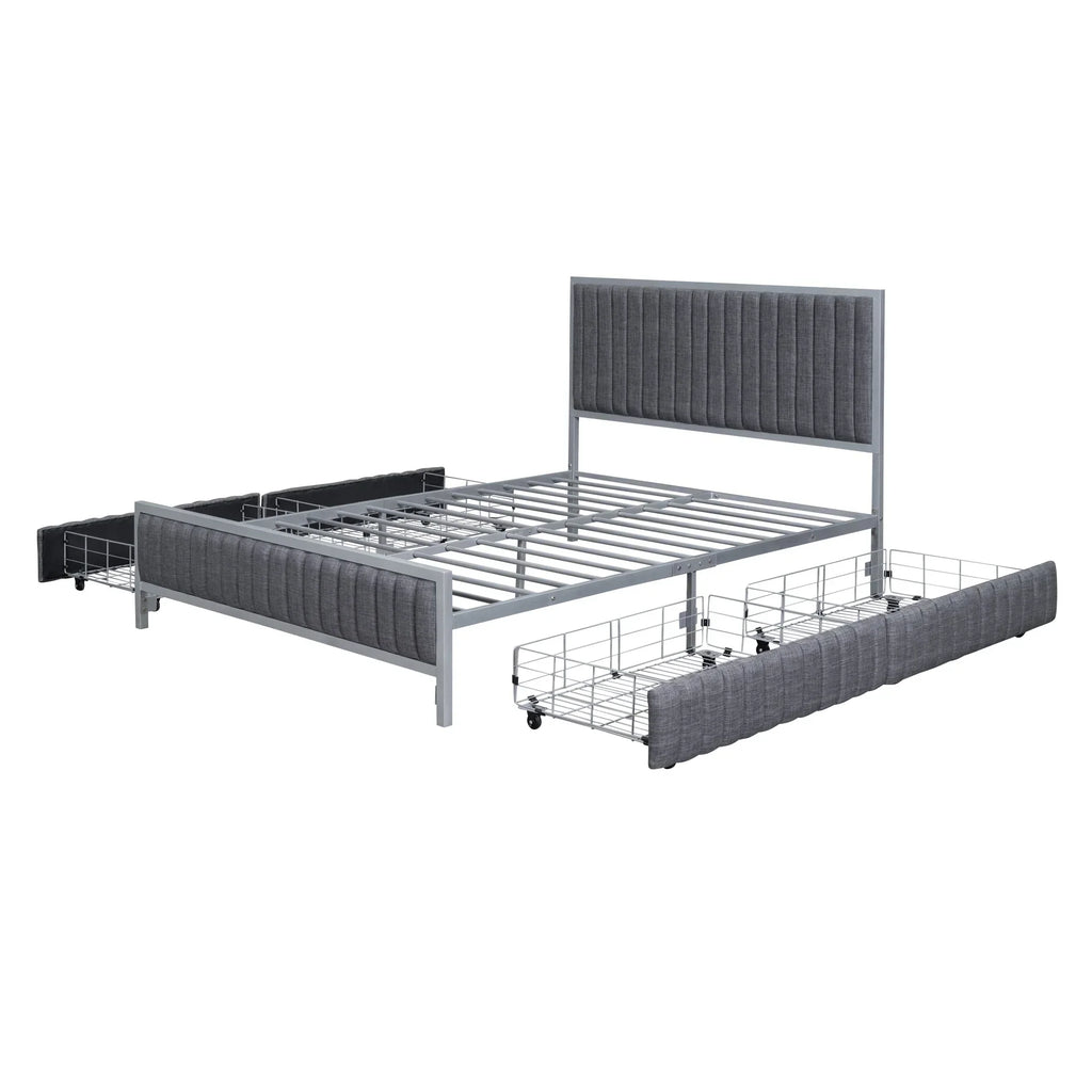 Roomfitters Full Size Upholstered Metal Platform Bed With 4 Drawers, Linen Fabric, Gray - 76.6in L x 55.7in W x 41.7in H