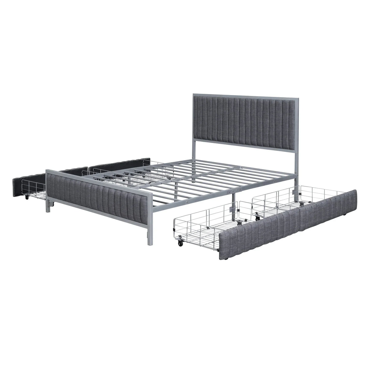 Roomfitters Full Size Upholstered Metal Platform Bed With 4 Drawers, Linen Fabric, Gray - 76.6in L x 55.7in W x 41.7in H
