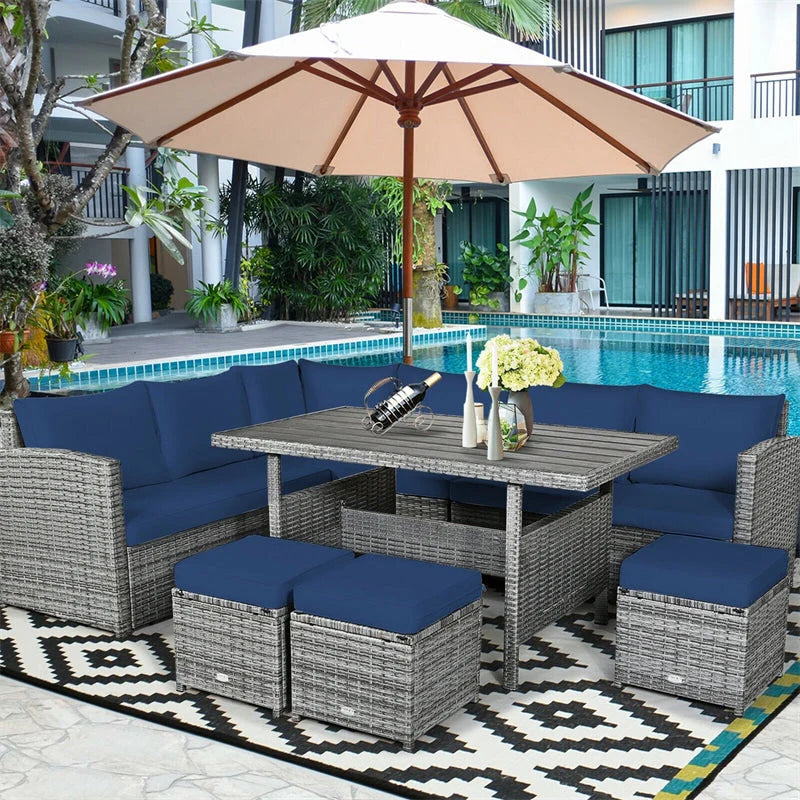 7-Piece Rattan Patio Dining Set With 3 Corner Chairs, 3 Ottomans And Table