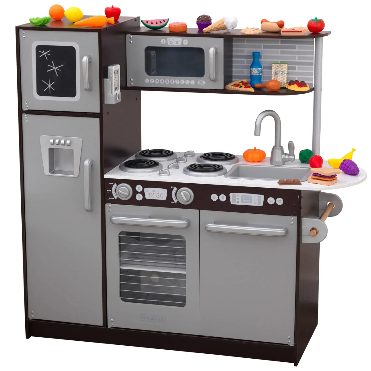 KidKraft Uptown Espresso Wooden Play Kitchen With 30-Piece Play Food Accessories