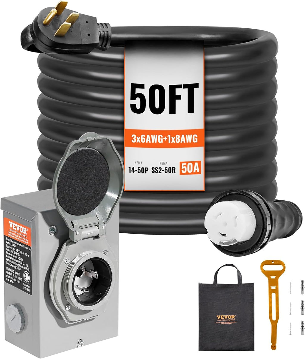VEVOR 50 Amp Generator Cord And Power Inlet Box Kit, 50-Foot, NEMA 14-50P/SS2-50R, 6/3+8/1 AWG