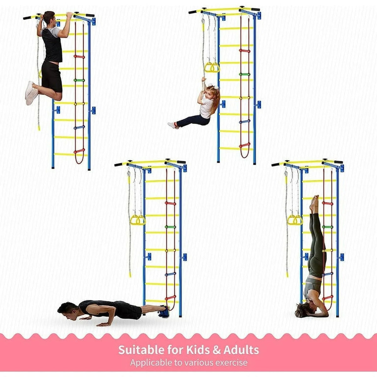 Cuoote Metal Wall Ladder Stall Bars Set With Pull-Up Bar, Climbing Rope And Gymnastic Rings - 5-In-1