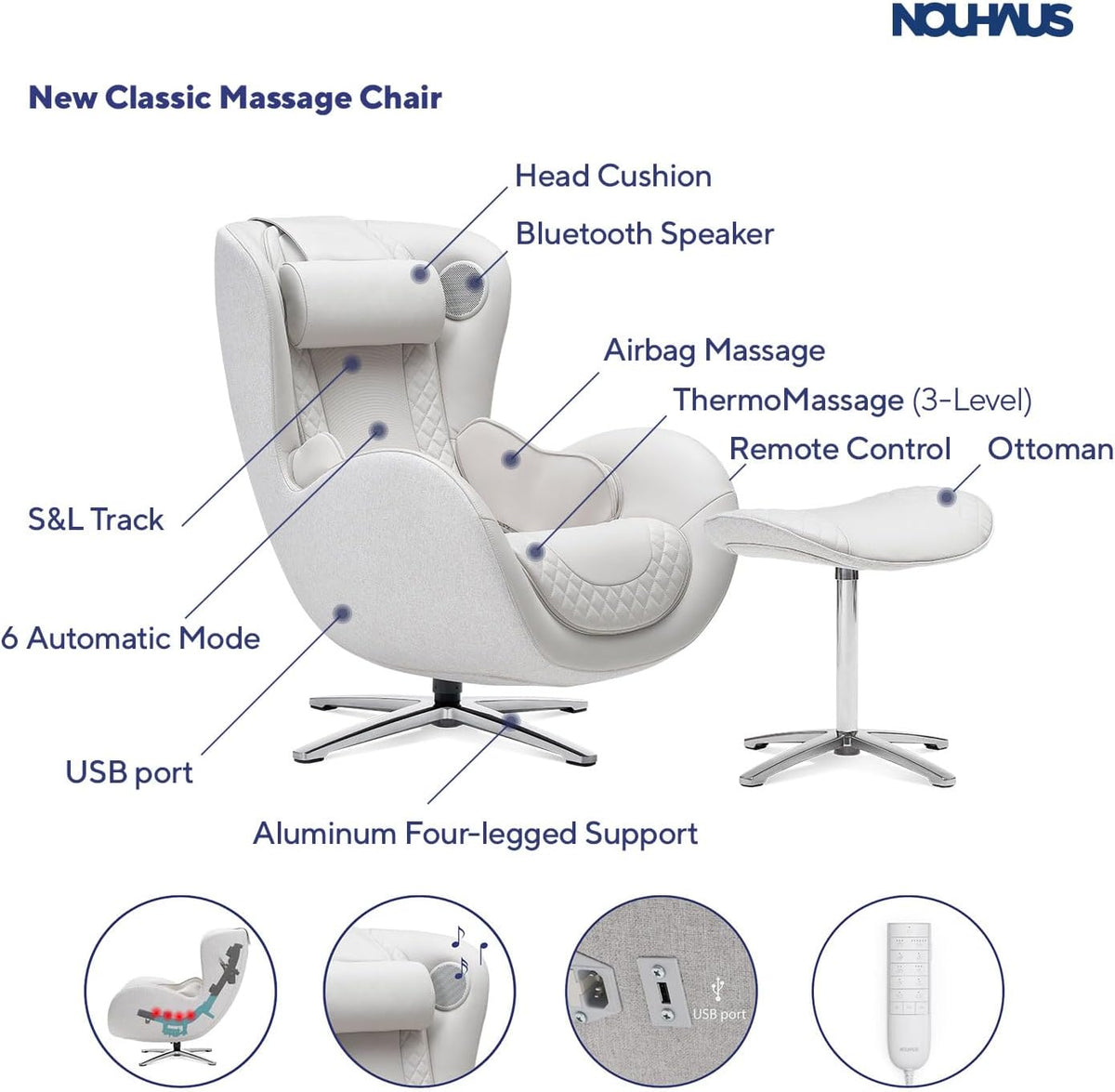 Nouhaus Classic Massage Chair With Ottoman, Bluetooth Speakers - N-0003