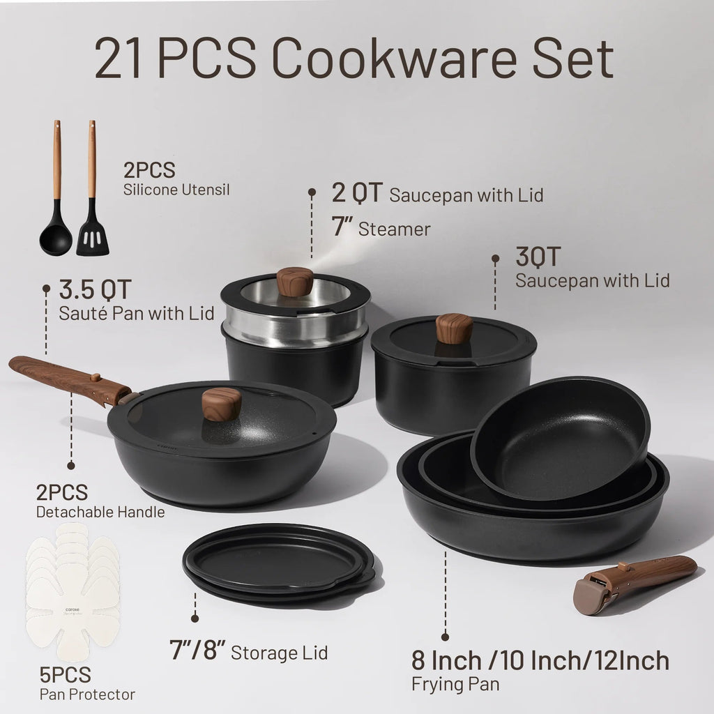 Carote 21 Pcs Nonstick Cookware Set With Detachable Handles, Oven/Dishwasher Safe