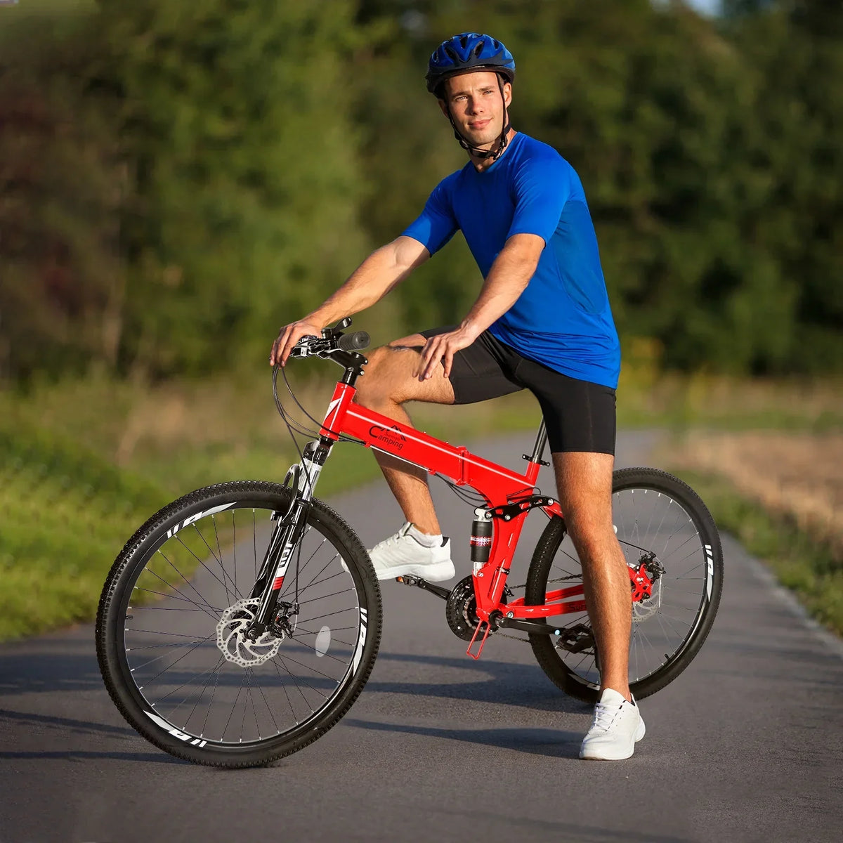iRerts 26 Inch Folding Adult Mountain Bike, 21 Speed, Dual Disc Brakes, Red/Black