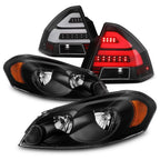 AKKON Black Headlight And LED Tube Bar Tail Light Combo Pair - Fits 2006-2013 Chevy Impala, 2014-2016 Impala Limited