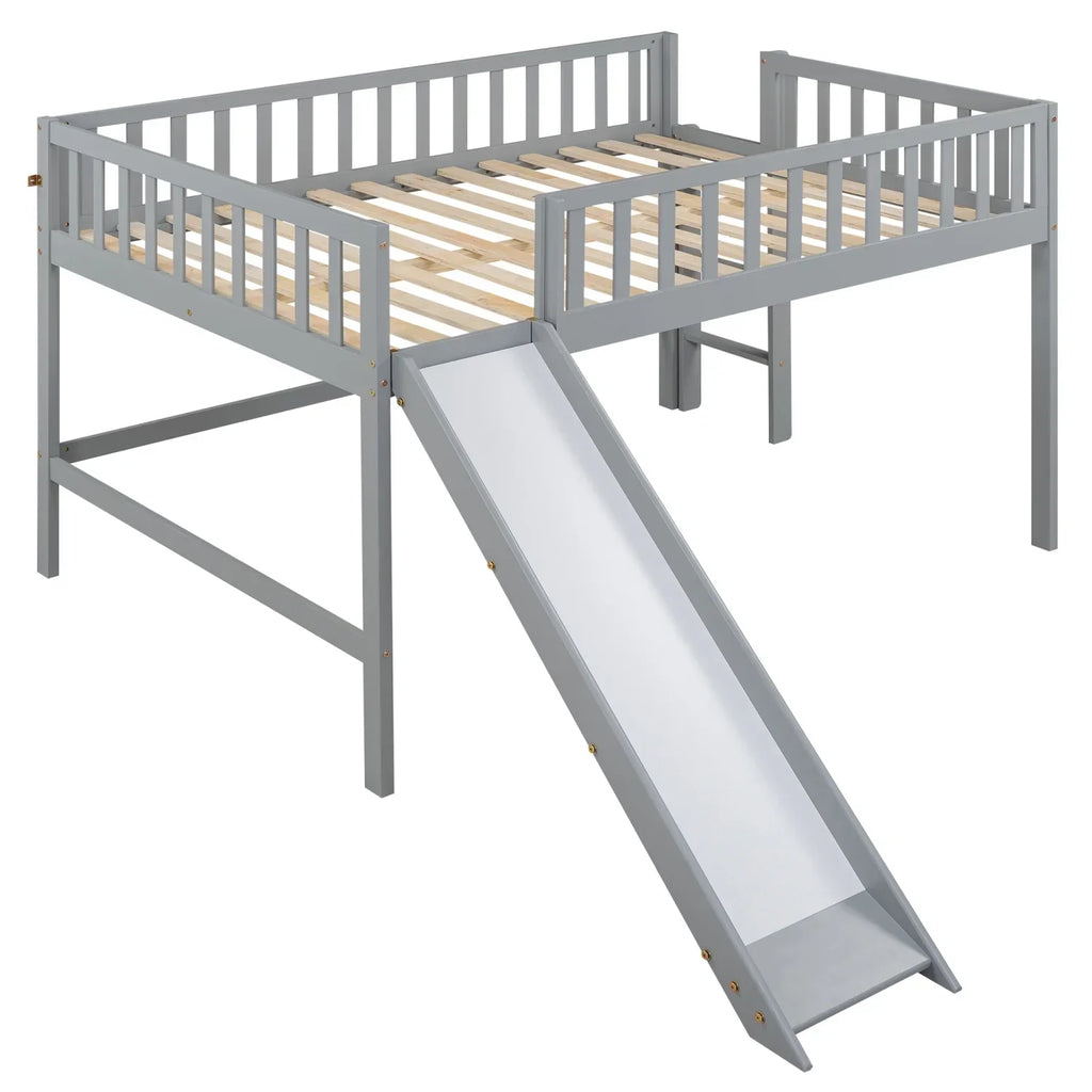 Gray Full Size Low Loft Bed With Ladder And Slide