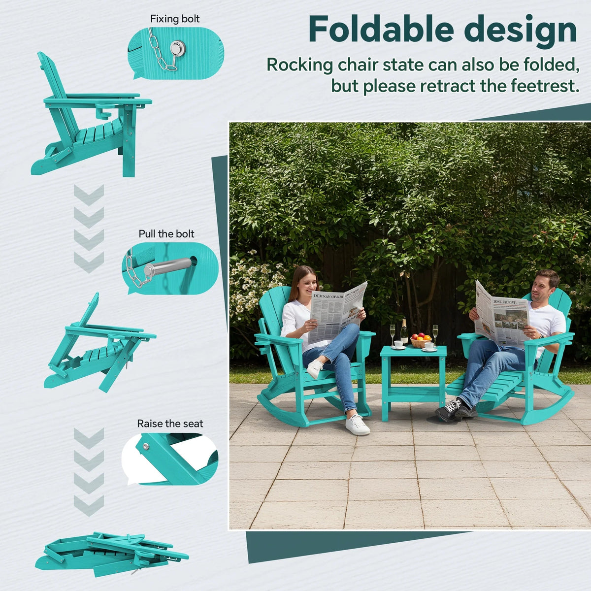 KINGYES Folding Adirondack Rocker Chair Set Of 2 With Footrest And Dual Cup Holders - Black