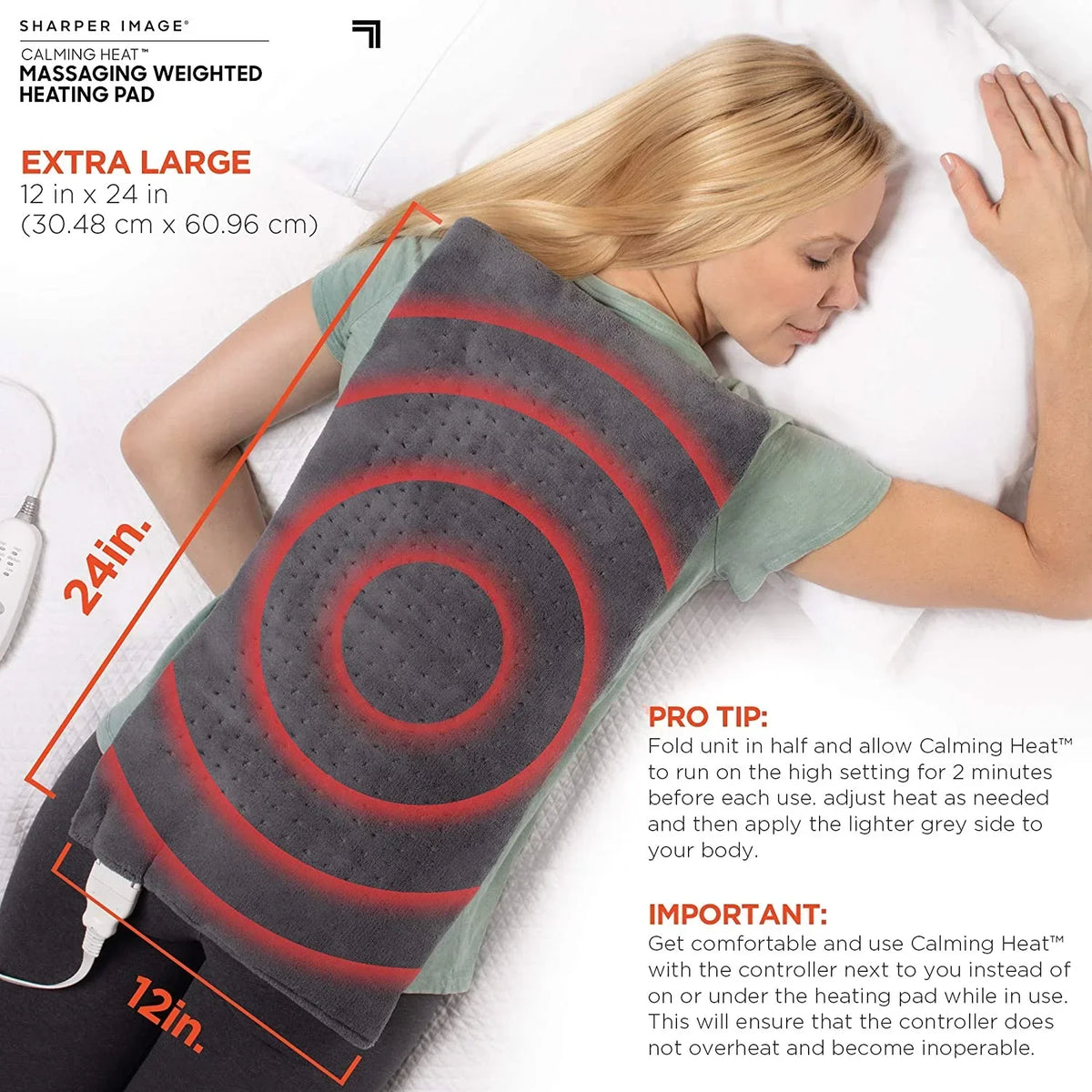 Sharper Image Calming Comfort Heat Massaging Weighted Heating Pad With Vibration, 12 Settings, 12 x 24 in, 4 lbs