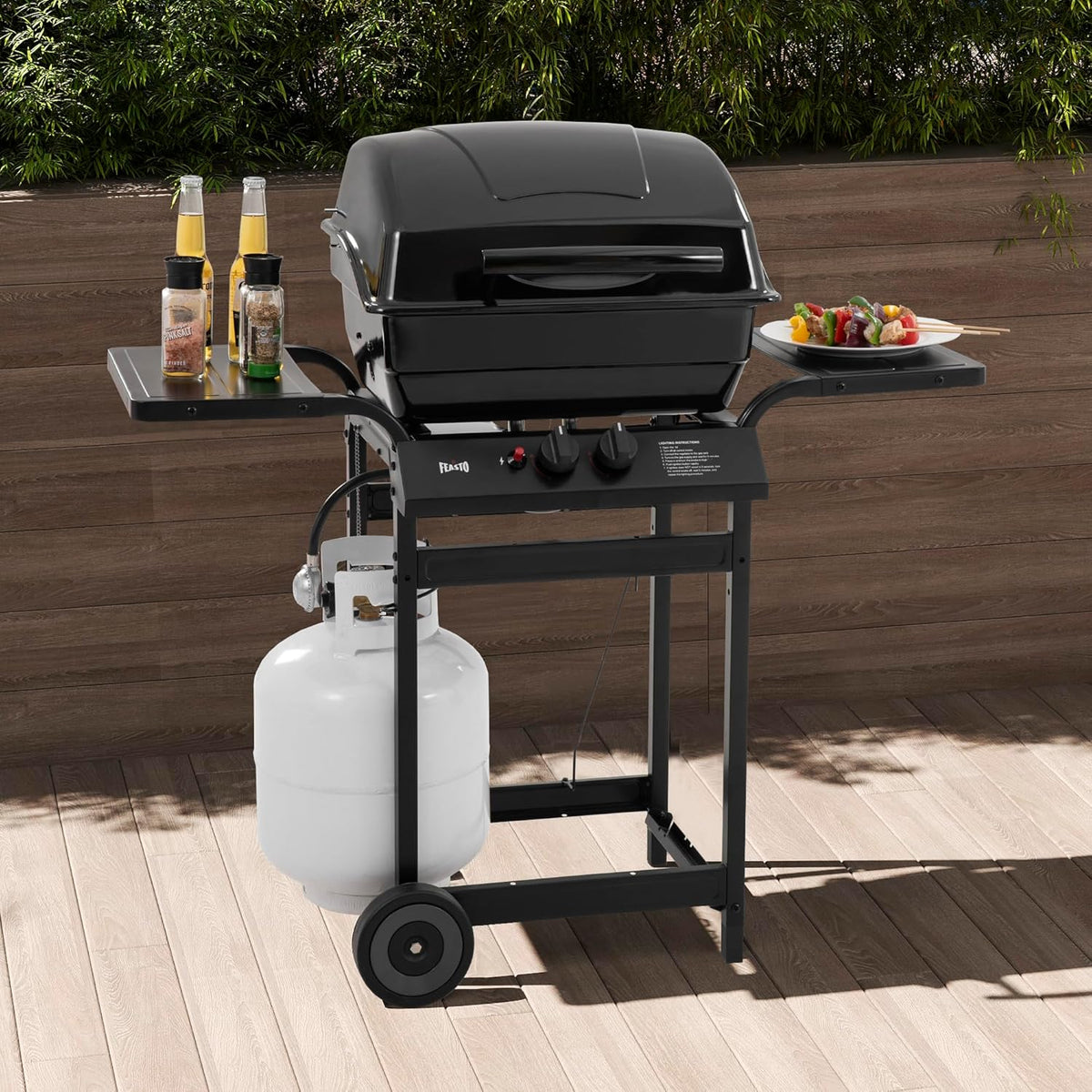 2 Burner Propane Gas Grill, 26,500 BTU, Porcelain-Enamel Body And Lid, 416 Sq. In. - With Warming Rack And Side Tables