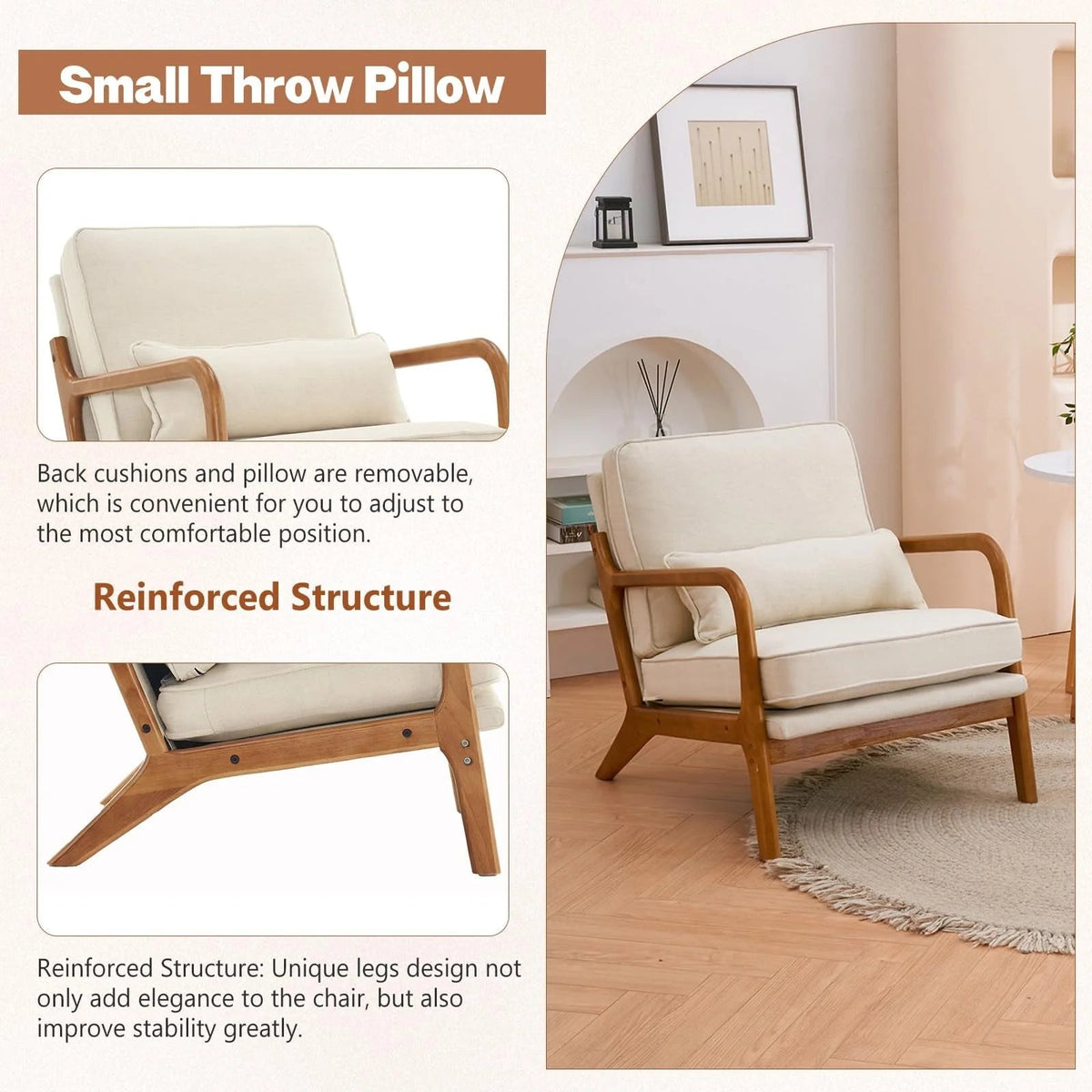 Linen Accent Lounge Chair With Solid Wood Frame, 25.6in D x 34.6in W x 36.6in H