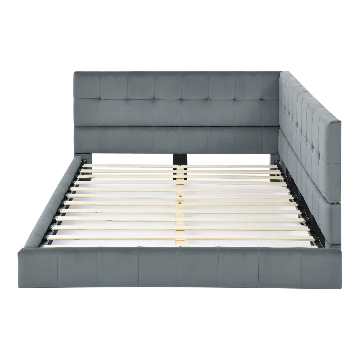 Full Upholstered Tufted Velvet Daybed Frame With Backrest And Armrests, Grey, 80.5'' x 59'' x 30.5''