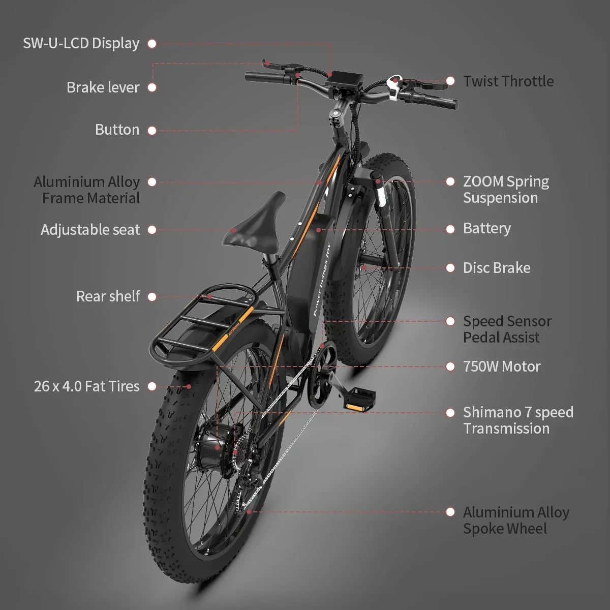 26 in 48V 13Ah 750W Fat Tire Electric Mountain Bike, Black - S48