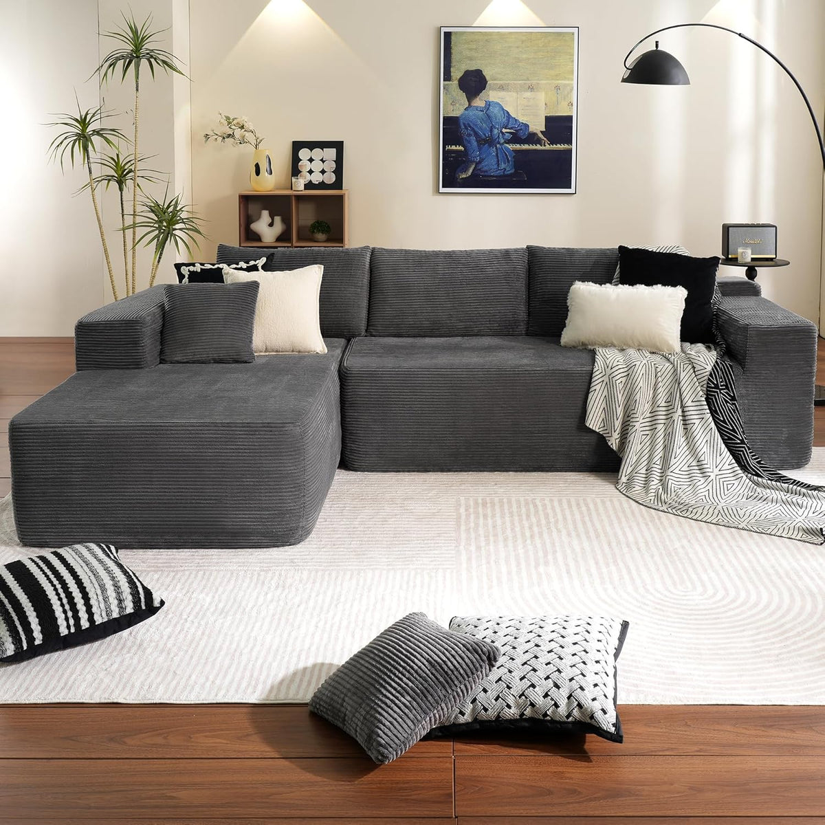 ovios 104in L-Shape Sectional Sofa With Chaise, Grey Plush Corduroy Fabric