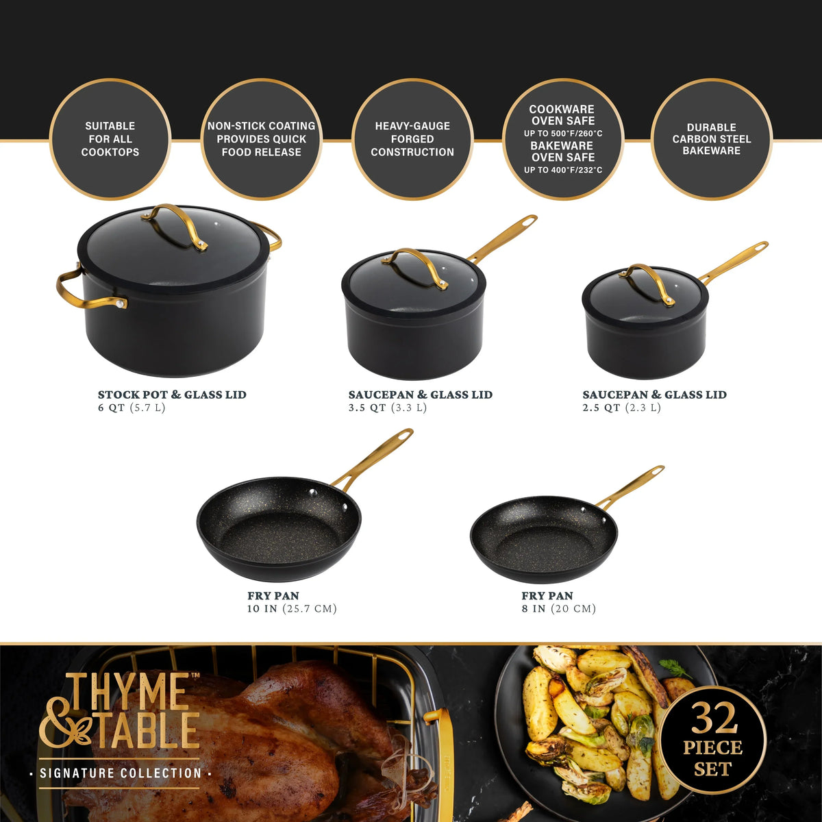 Thyme & Table 32-Piece Non-Stick Cookware & Bakeware Set, Black