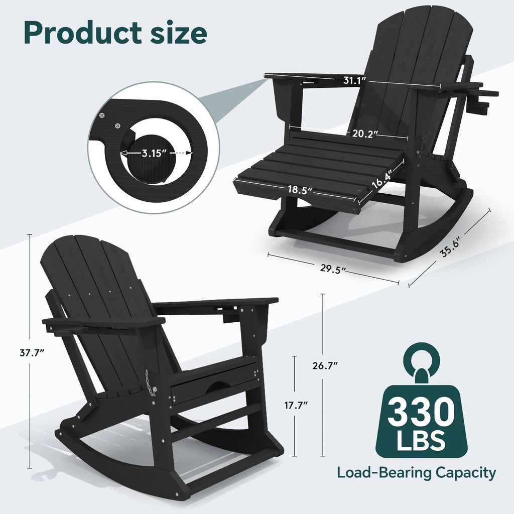 KINGYES Folding Adirondack Rocker Chair Set Of 2 With Footrest And Dual Cup Holders - Black