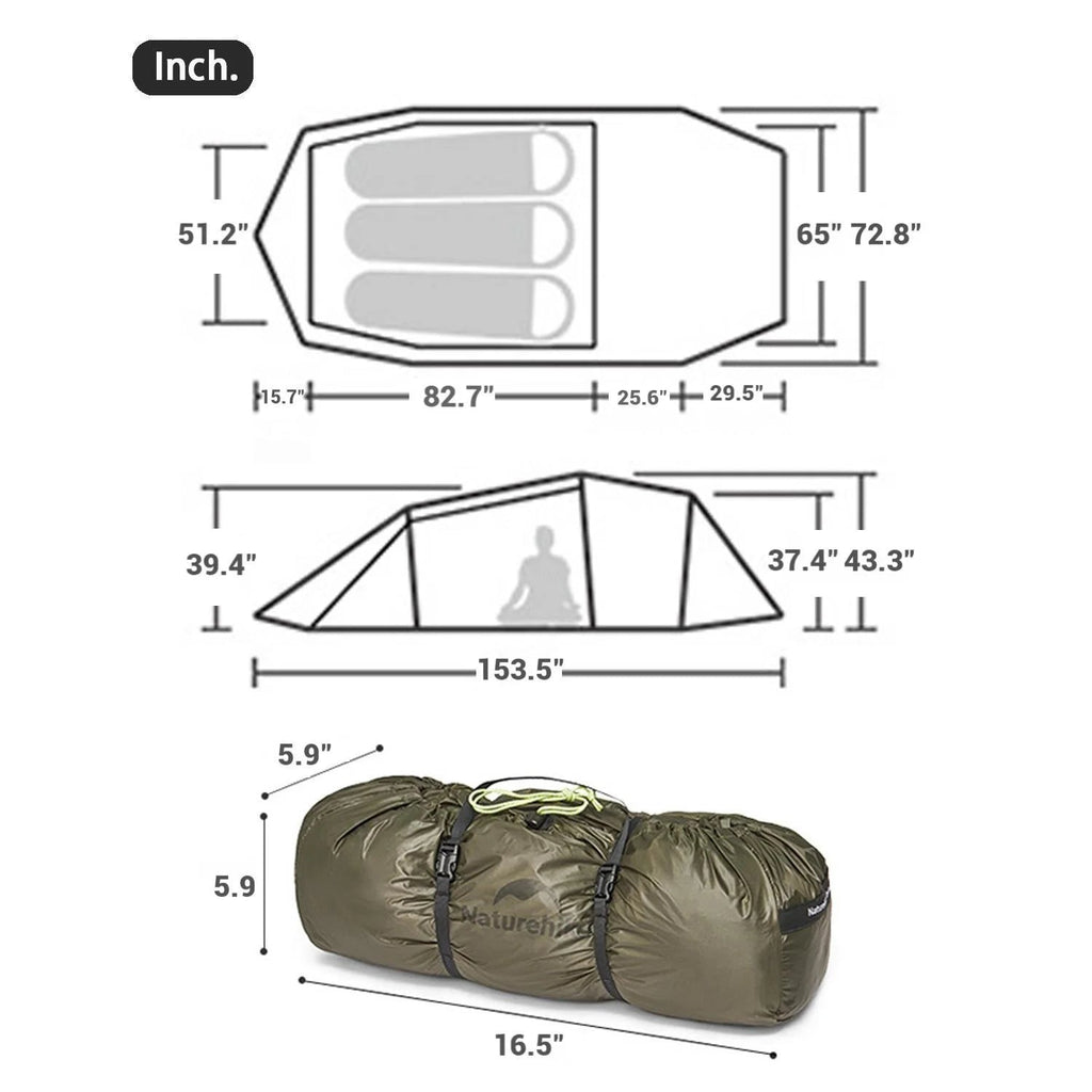 Naturehike Baluosi UL Ultralight Tunnel Hiking Tent, 15D, 2/3 Person, Olive Green - CNK2450WS036