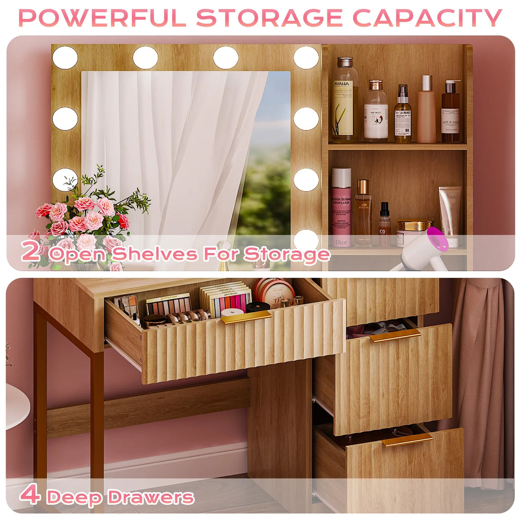 Ktaxon Vanity Makeup Table With Stool, 3-Color Lighted Mirror, 3 Shelves, Drawers, White - 35.43 x 15.55 x 29.53-53.27 in