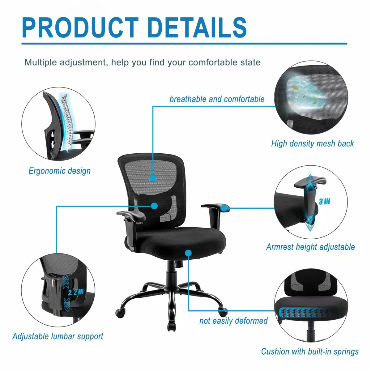 Bigroof Mesh Office Chair With Flip-Up Arms, Lumbar Support, Height Adjustable, Black