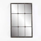 Rustic Brown Windowpane Wall Mirror With Metal Frame, 37.75 in H x 23.8 in W