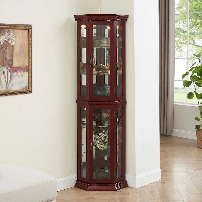 Corner Curio Display Cabinet With Lights, Mirrored Back And 6 Tempered Glass Shelves