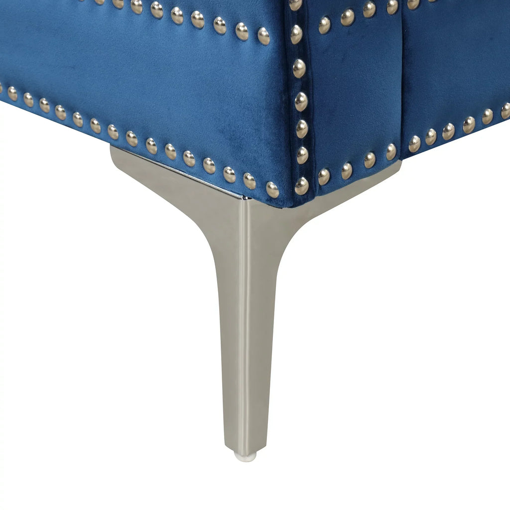 78 inch Dutch Plush Upholstered Chesterfield Sofa With Metal Legs, Button Tufted Back, Blue