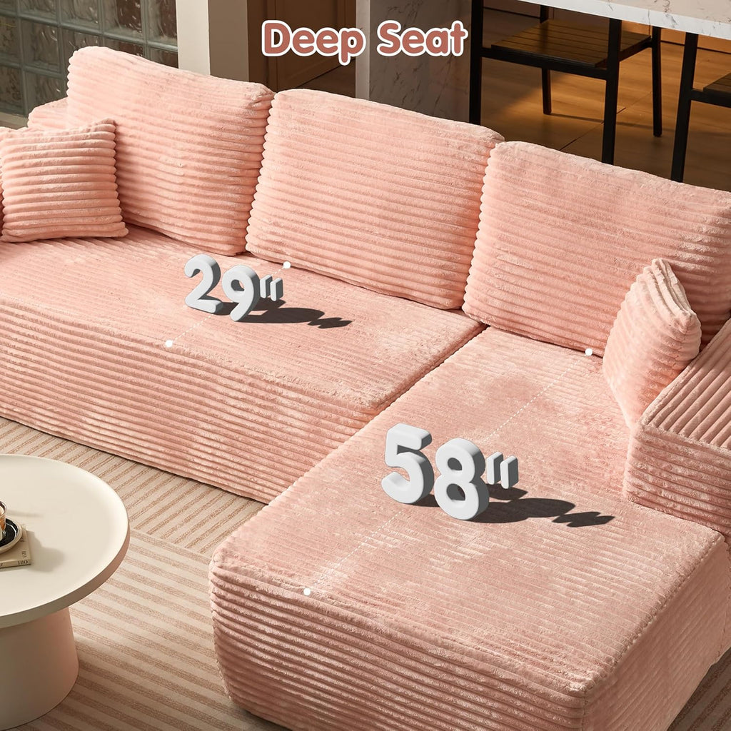 ovios 104in L-Shape Sectional Sofa With Chaise, Grey Plush Corduroy Fabric