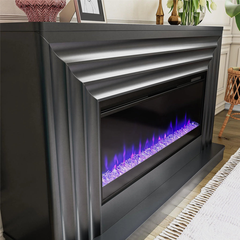 CosmoLiving by Cosmopolitan Electric Fireplace Mantel TV Stand, Black, 65 in, 42 in Insert - Rene