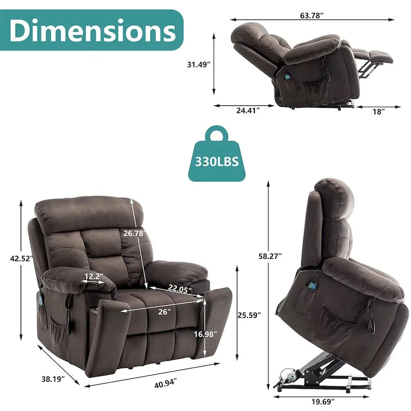 Large Electric Power Lift Recliner With Heat, Massage, Hidden Cup Holder - 40.94W x 38.19D x 42.52H