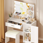 Ktaxon Vanity Makeup Table With Stool, 3-Color Lighted Mirror, 3 Shelves, Drawers, White - 35.43 x 15.55 x 29.53-53.27 in