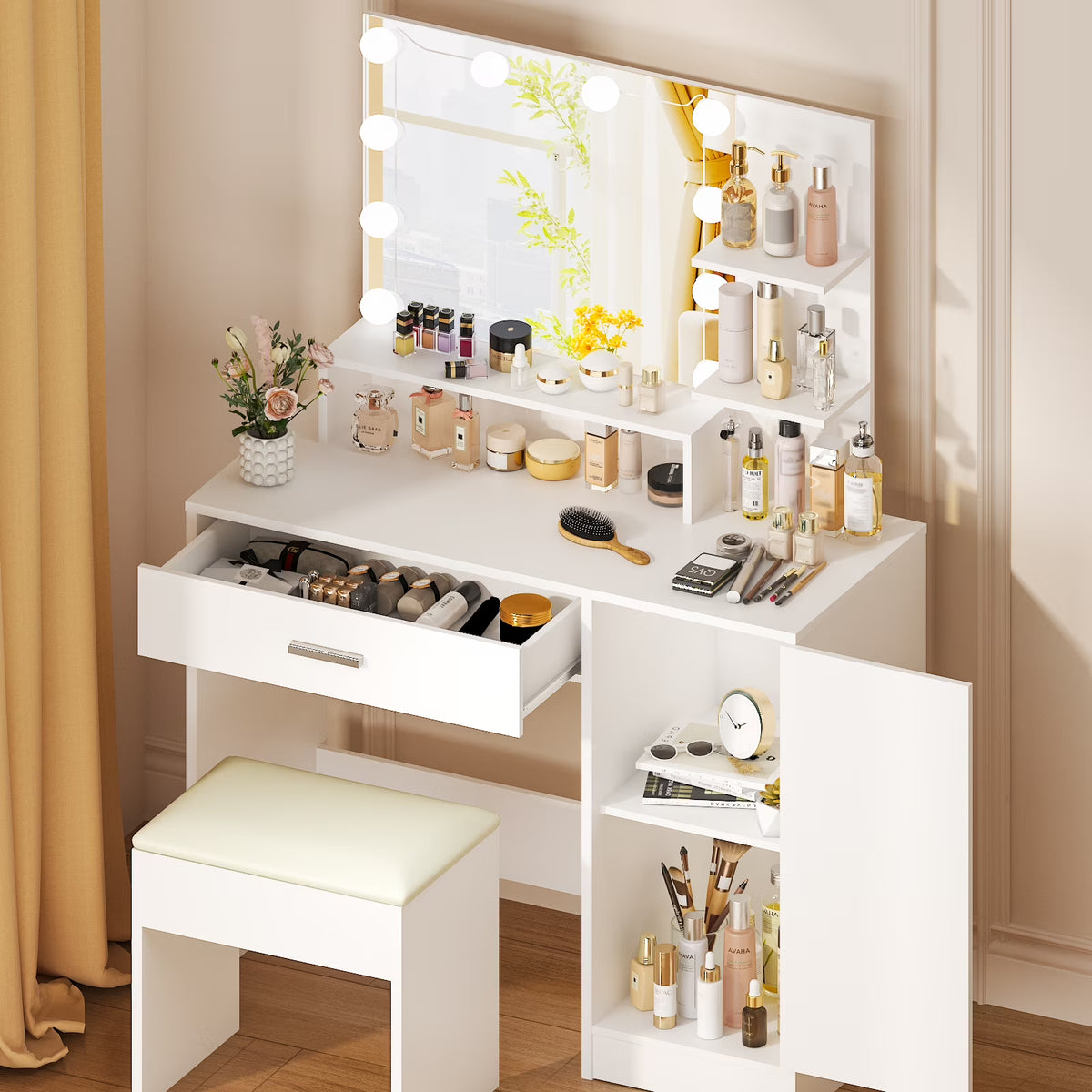 Ktaxon Vanity Makeup Table With Stool, 3-Color Lighted Mirror, 3 Shelves, Drawers, White - 35.43 x 15.55 x 29.53-53.27 in