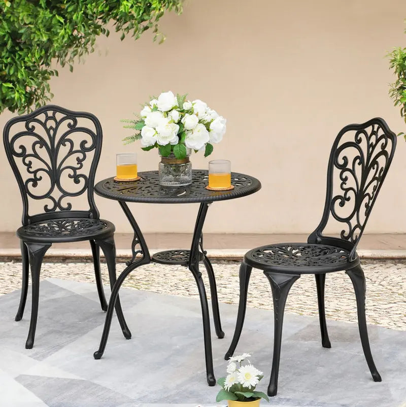 Nuu Garden 3-Piece Black Cast Aluminum Bistro Patio Set - 24 Inch Round Table