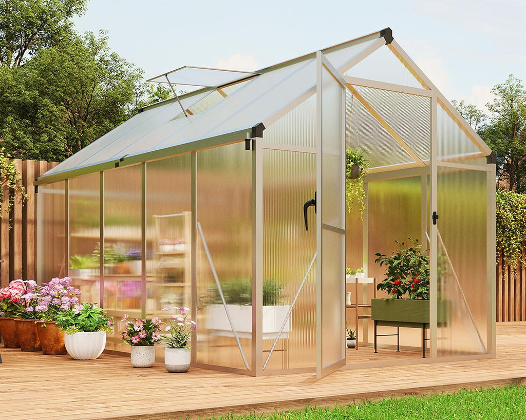 Garvee 6 x 10 ft Green Polycarbonate Greenhouse With Aluminum Frame, Lockable Door And Adjustable Roof Vent