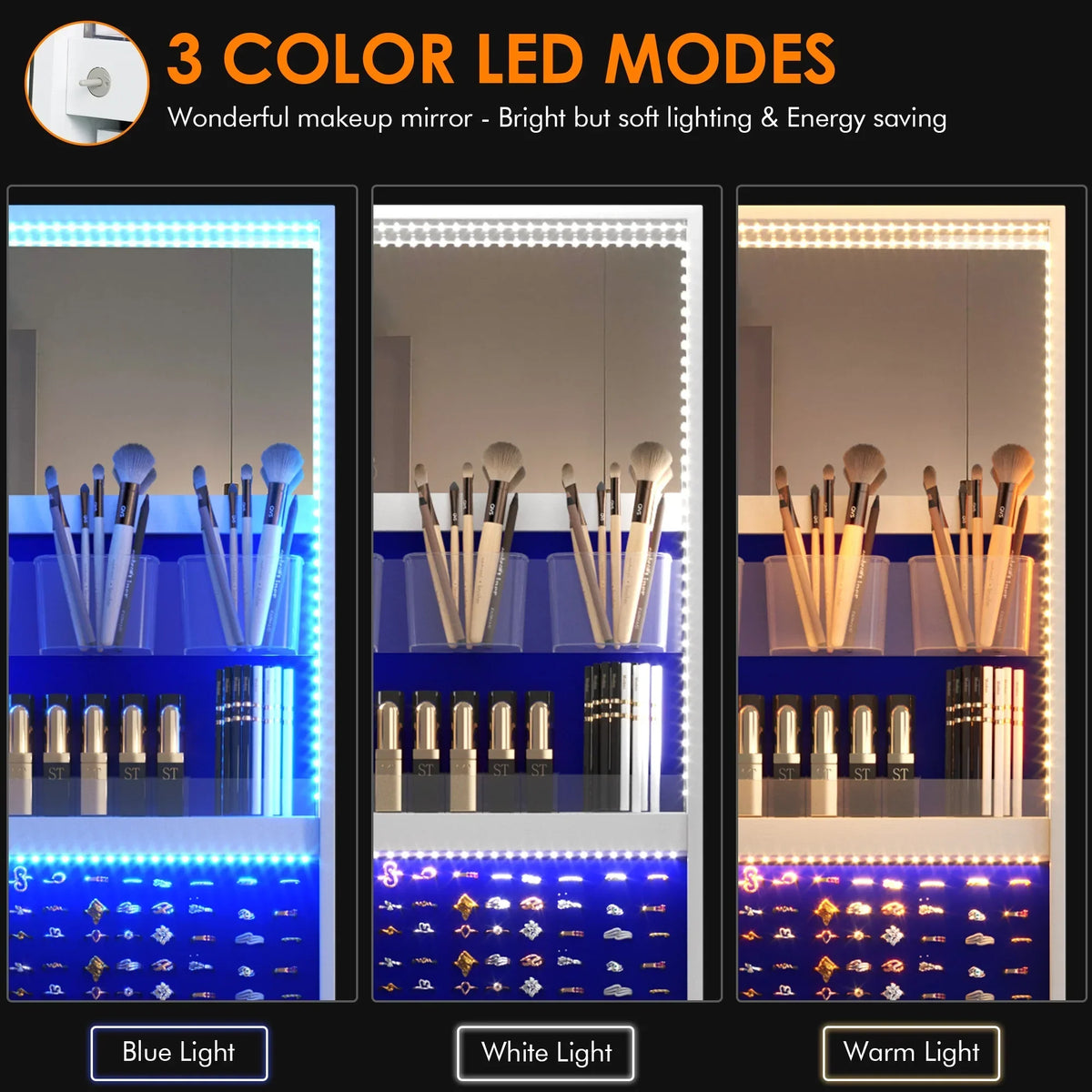 LVSOMT 360 Degree Rotating LED Jewelry Armoire With Full Length Mirror