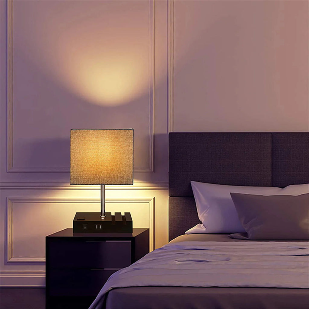 Touch Control Table Lamp With 2 USB Ports, 1 AC Outlet, 2 Phone Stands, Black Wooden Base And Grey Shade