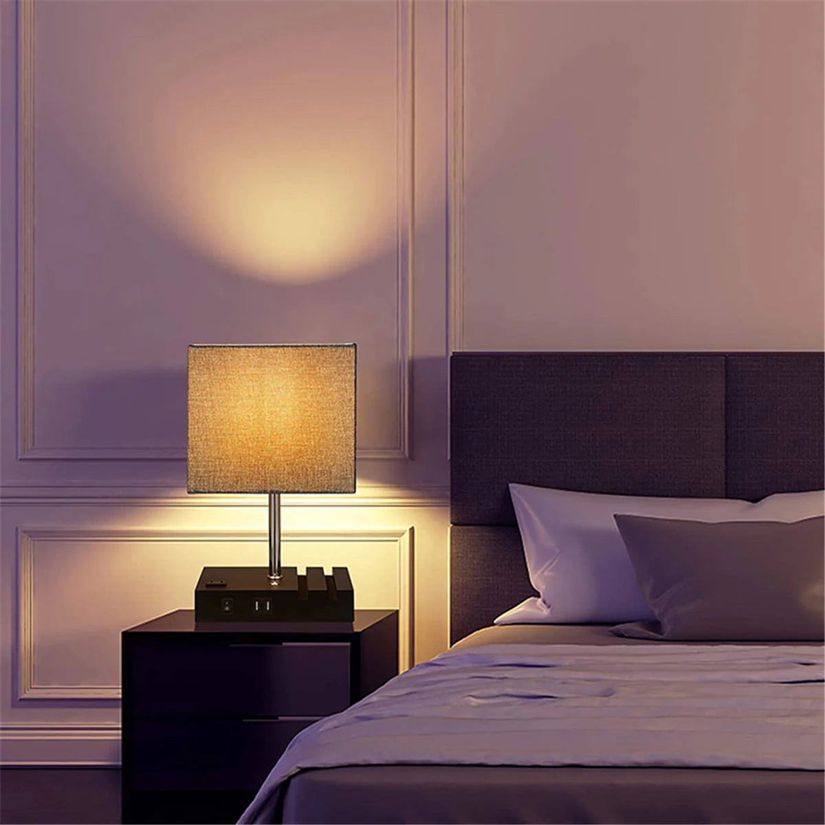 Touch Control Table Lamp With 2 USB Ports, 1 AC Outlet, 2 Phone Stands, Black Wooden Base And Grey Shade