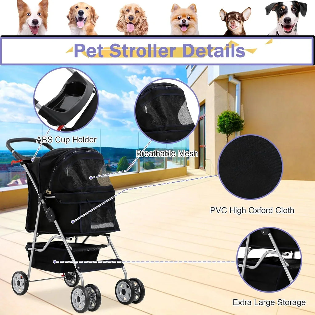 Folding Pet Stroller With 4 Wheels, Cup Holder And Storage Basket, Black