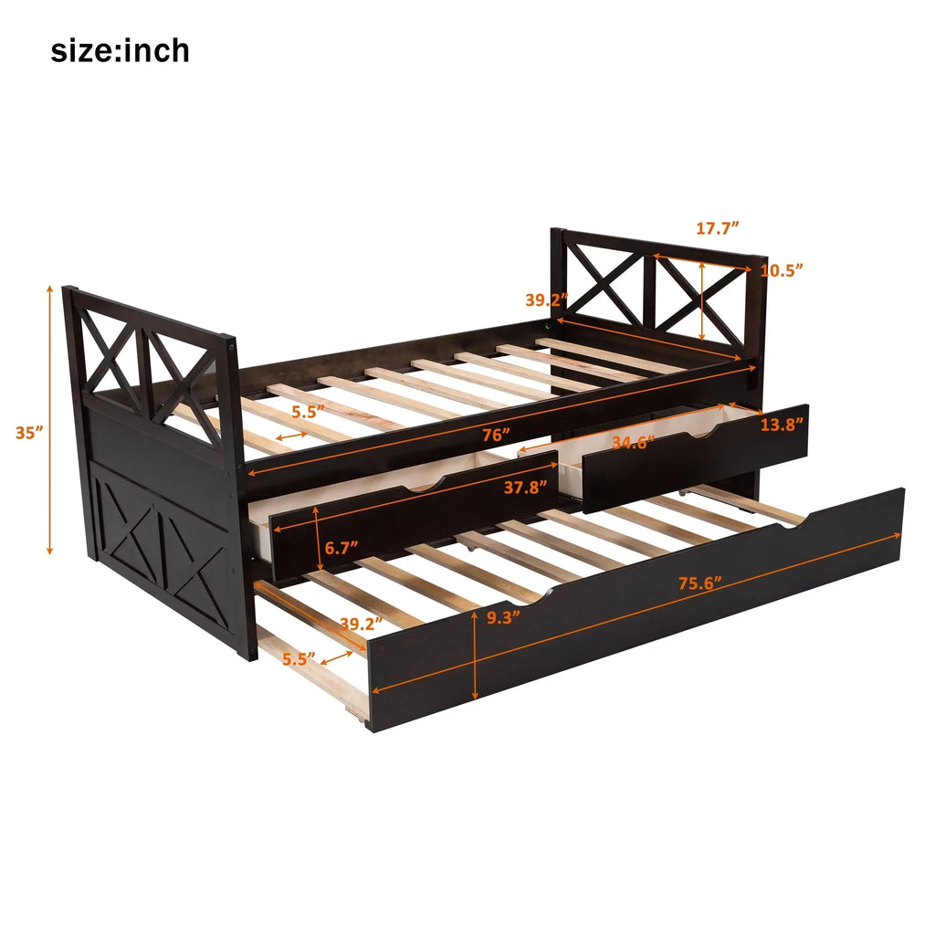 Captain Wood Twin Bed With Trundle And 3 Drawers, Brown, 78.9 in L x 42.7 in W x 36.2 in H