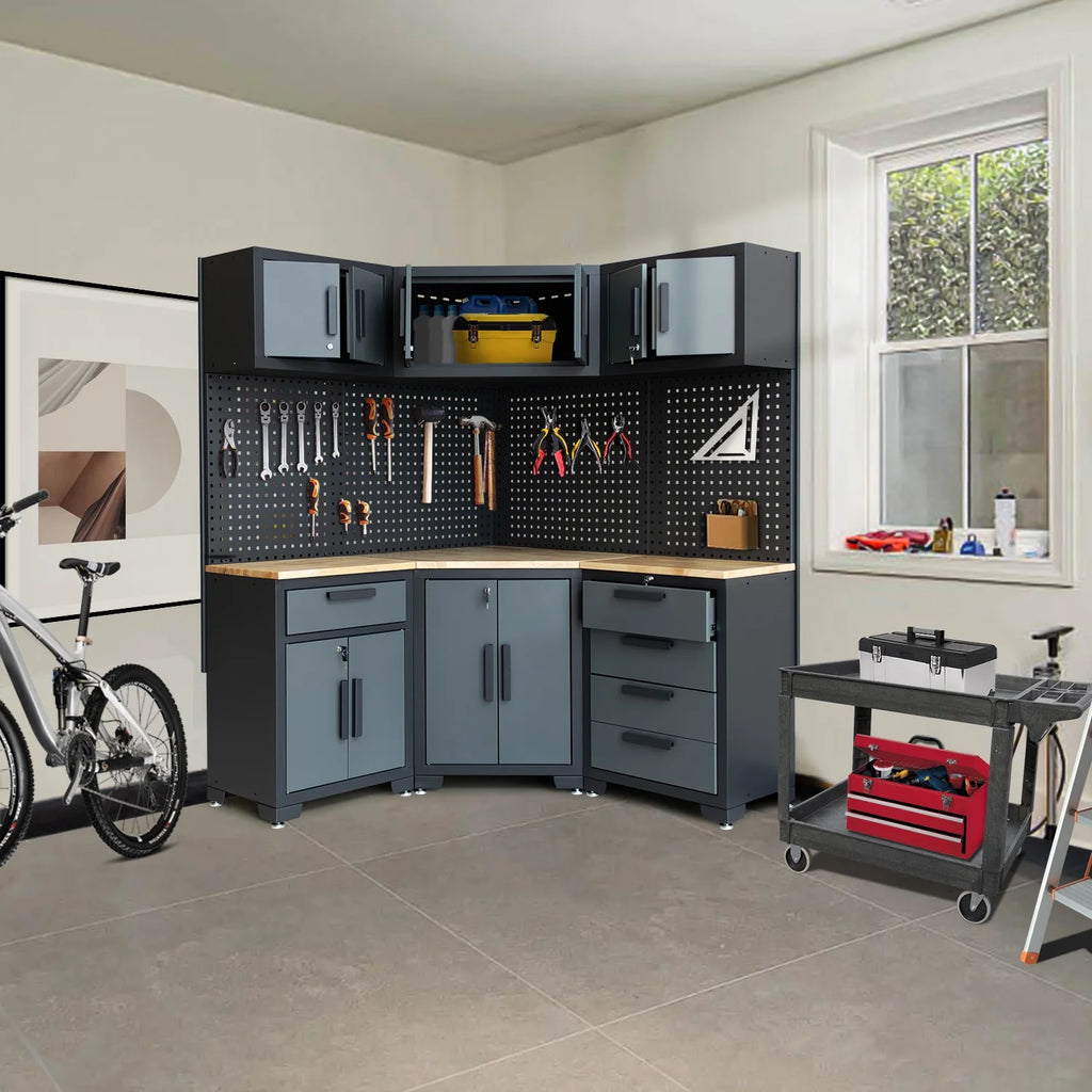 HPDMC 7-Piece Metal Garage Cabinet System With 4-Drawer Roller Cabinet, 47.2 in Workbench And Pegboards