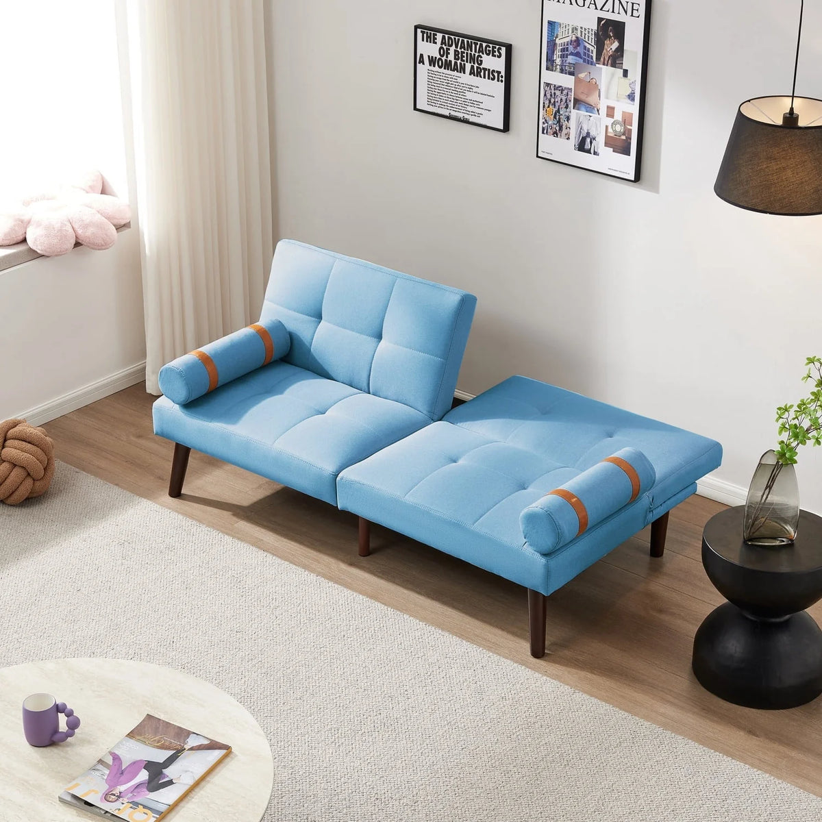 Blue Linen Convertible Futon Sofa Bed With Solid Wood Legs - 65.7in L x 32.2in W x 30in H