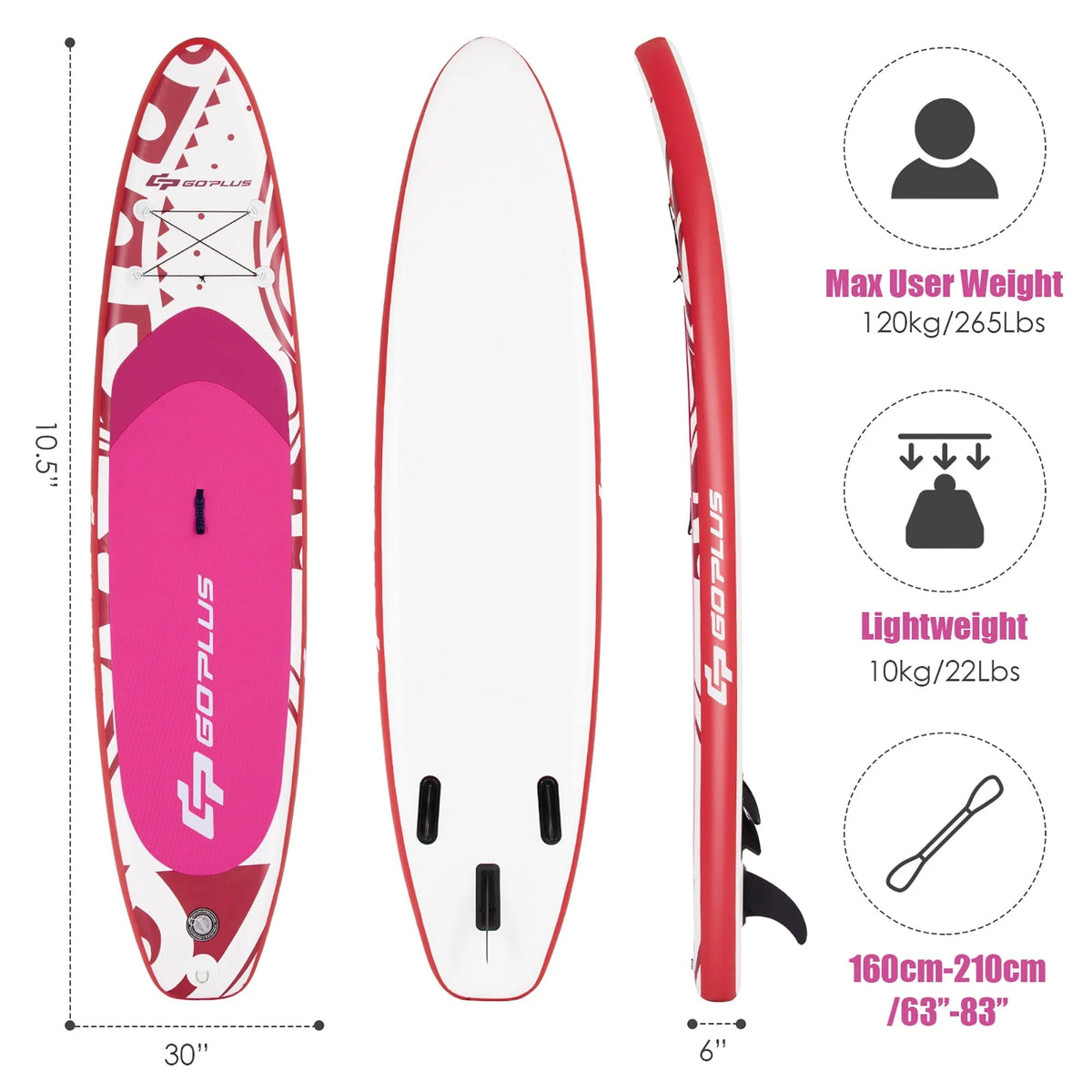 Goplus Inflatable Stand-Up Paddle Board 10.5 x 30 x 6 - Pink