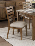 Ladder Back Wooden Dining Side Chairs, Cherry Finish, Beige Textured Fabric Upholstery, Set Of 2pc