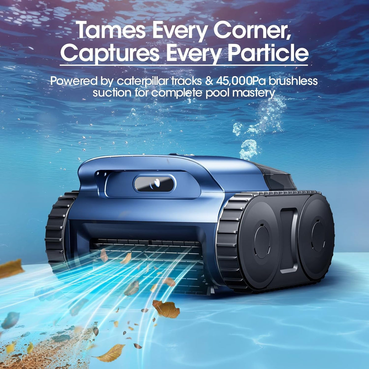 Cordless Robotic Pool Vacuum Cleaner With Track Drive, Sonar Navigation, 180W Brushless Motor, 150-Min Runtime, Dark Blue