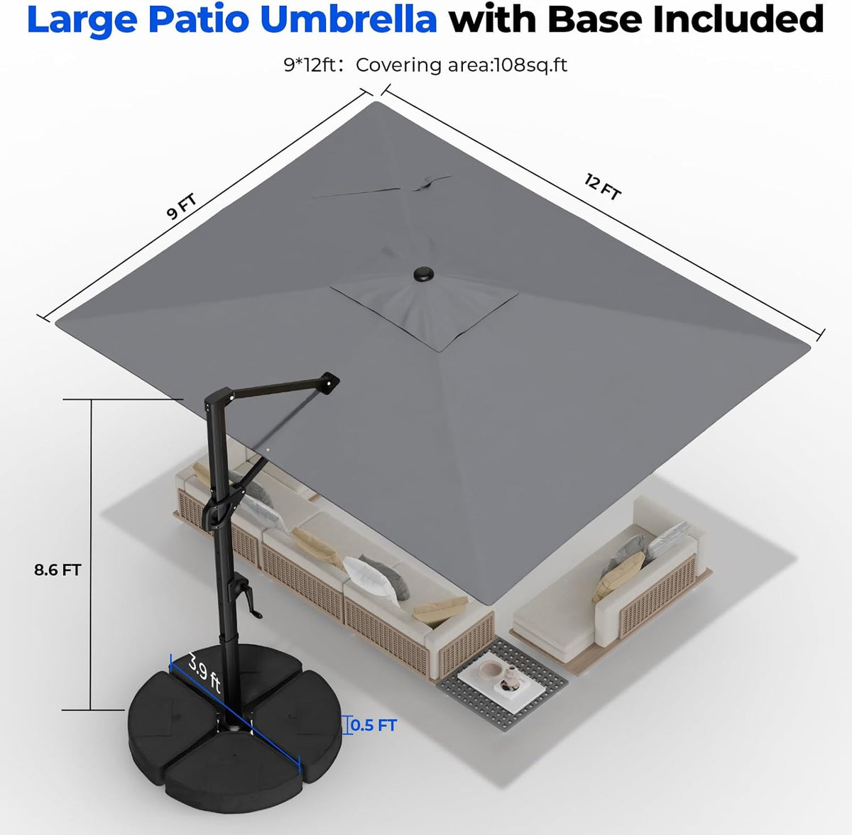 HOMSHADE Cantilever Patio Umbrella, 9x12FT, Grey, Aluminum, 360 Degree Rotation, 6 Tilts