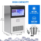 Dextrus Commercial Ice Maker, 200LBS/24H, 48LBS Storage Bin, 2-liter Ice Bucket, Freestanding, Stainless Steel