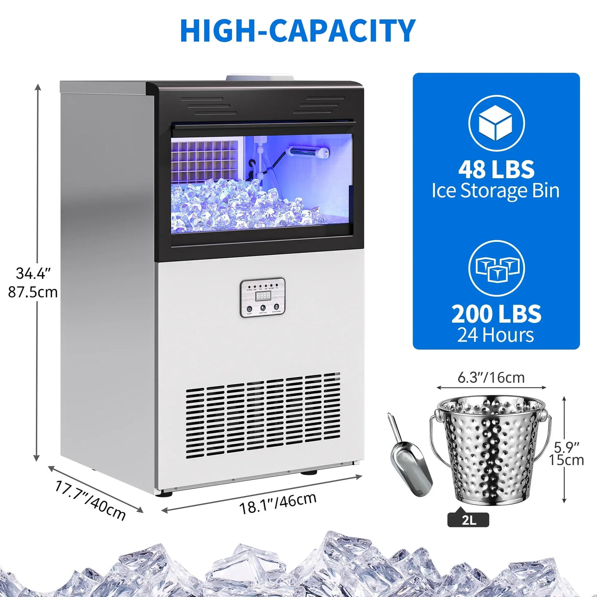 Dextrus Commercial Ice Maker, 200LBS/24H, 48LBS Storage Bin, 2-liter Ice Bucket, Freestanding, Stainless Steel