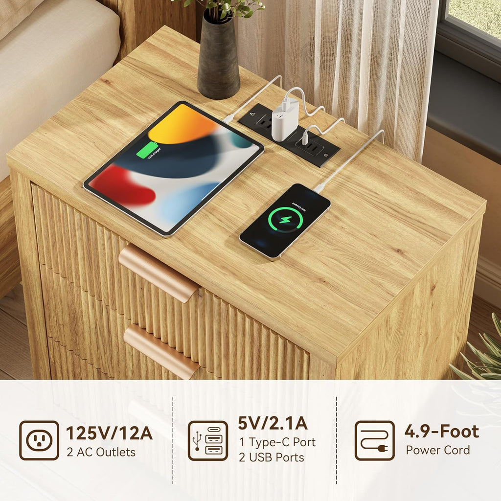 Fluted Nightstand Set Of 2 With Charging Station, 23.6 in, 3 Drawers, Natural Oak