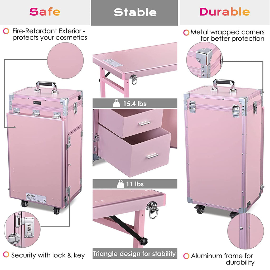 BYOOTIQUE Mobile Nail Station Rolling Makeup Train Case With Mirror, 4 Drawers - Pink