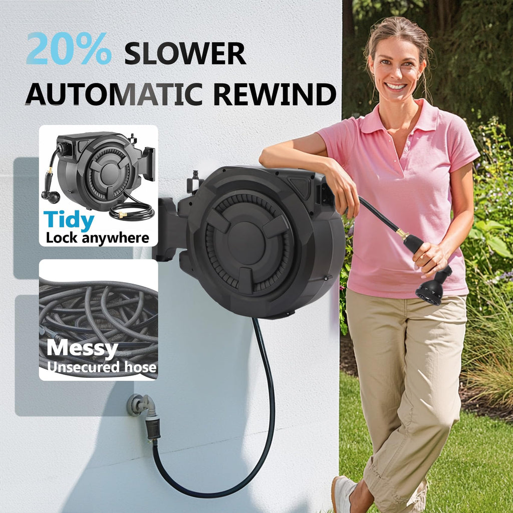 Wall-Mounted Retractable Garden Hose Reel With 100 ft 1/2 Inch Hose And 180 Degree Swivel