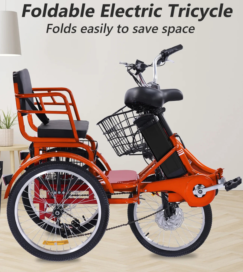 NOMIGO Folding Electric Tricycle for Adults, 3 Wheel, 350W, 48V13AH Lithium Battery, Orange